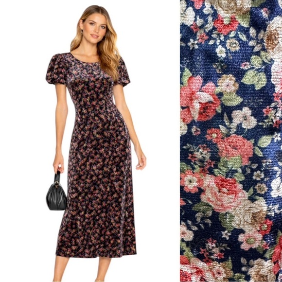 Mable Dresses & Skirts - NWT Mable Leighton Floral Velvet Puff Sleeve Midi Dress Navy Size L